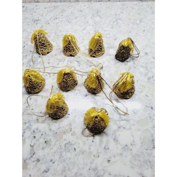 Vintage Crocheted Christmas Bell Ornaments Set‎ of 10 Gold Starched Glitter - Picture 1 of 6